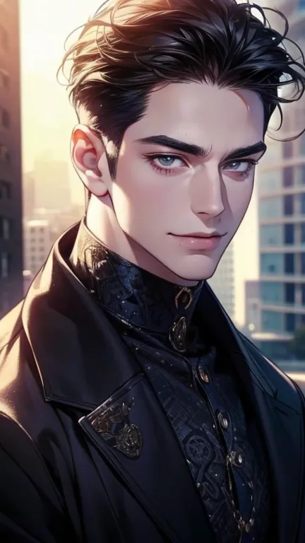 (   smiling ,4K,8k,     highres,    masterpiece:1.2),    ultra-detailed,(  Realistic,photo  Realistic,photo-  Realistic:1.37),36-year-old man,3 day beard,cute anime ,Portraits,strong,masculine,     dark hair,sharp jaw,          mesmerizing eyes          , ...