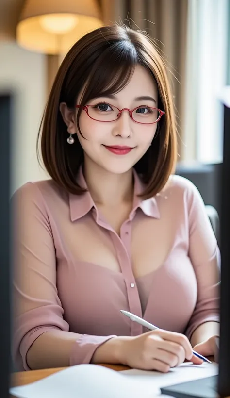 12K、hdr、 bit depth 10bit with old clothes、During desk work:1.5、(((The model is wearing red glasses:1.5)))、see-through pink collared shirt、 loose chest、The model is holding a pen、The model is looking at the computer screen、random hairstyles、 with a smile、Fu...