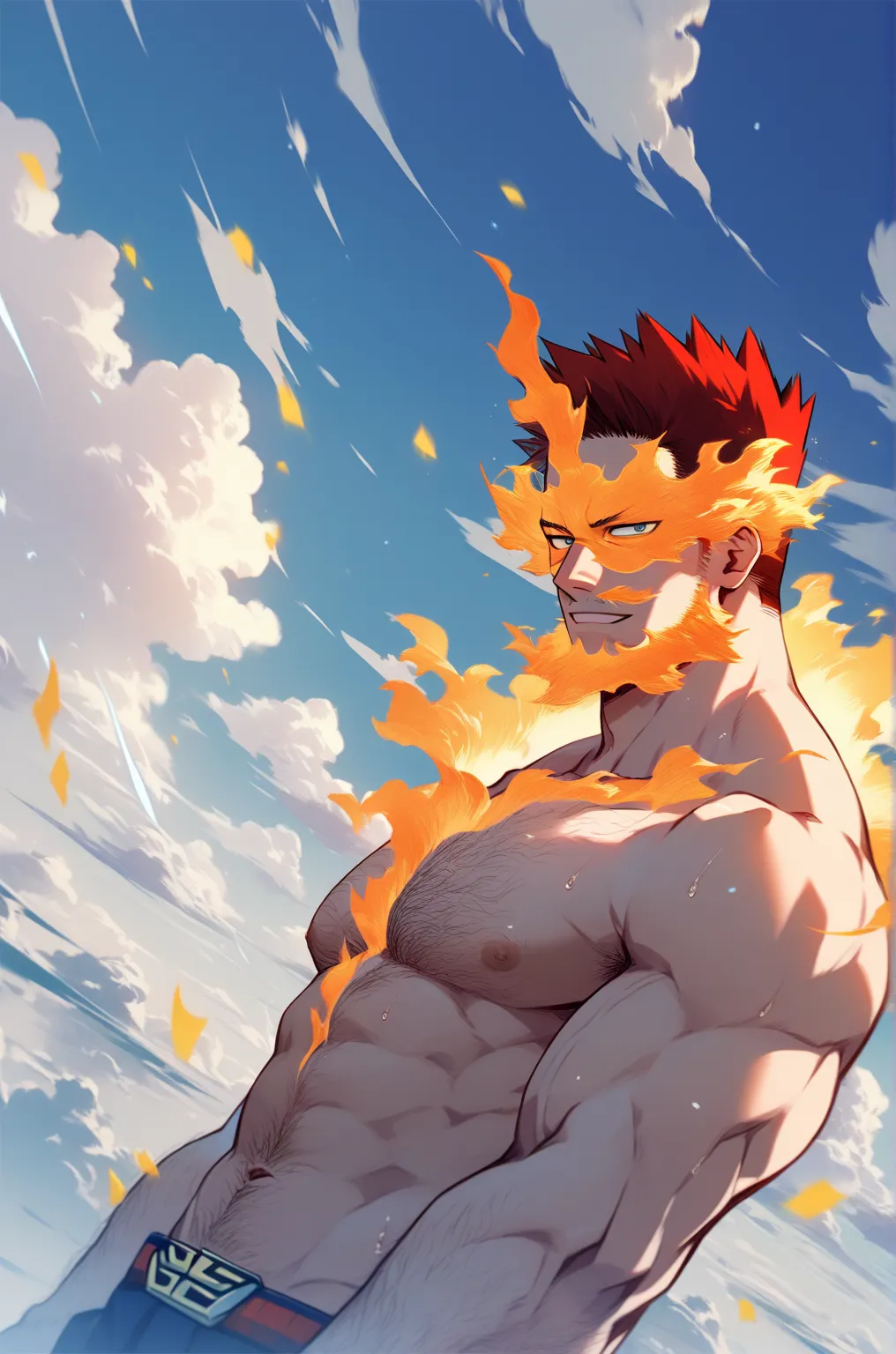 1 boy, muscle, manly, bare chest, navel, cloud, heaven, golden, wind, smile, sweaty, seductive, standing, detailed background, endeavor_(boku no hero academia), hairy, hairy legs, dutch angle, dynamic angle, intricately detailed illustration