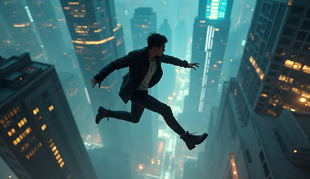 arafed man flying through the air in a city at night, by Chris LaBrooy, still frame from a movie, running and falling on clouds, new york in the future, cool marketing photo, hyperreality, photoshop art, hyper real photo, a digital dreamscape, akira aesthe...