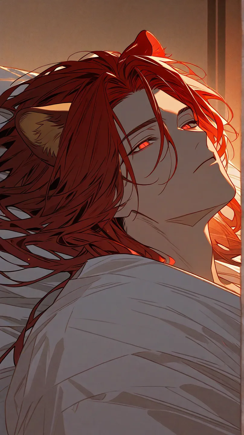 A handsome man with dreadlock-style red hair and red eyes with ears like a lion sleeping on a bed at night, manhwa art