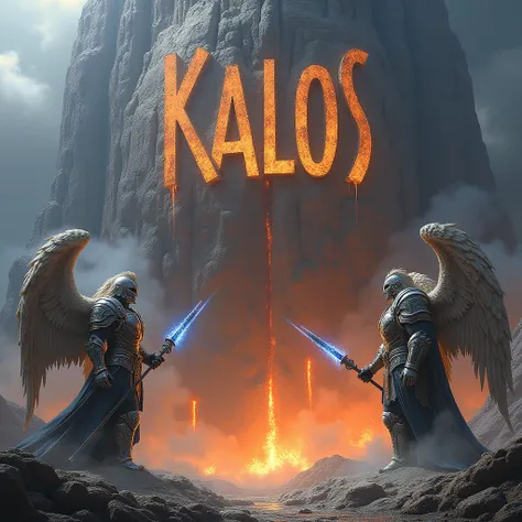  "KALOS" sculpté dans la montagne en feu. Deux anges en armure lourde avec une lance aux reflets bleu et des ailes étincelantes