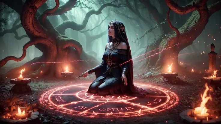 une femme assise sur un cercle entourée de bougies et d'un démon, Diablo 4 Lilith, femme occultiste, la sorcière conjure, lançant un sort, de Netflix arcane, effrayante rituelle satanique, chamane gothique, lancer de sorts, cercle d'invocation, runes de so...