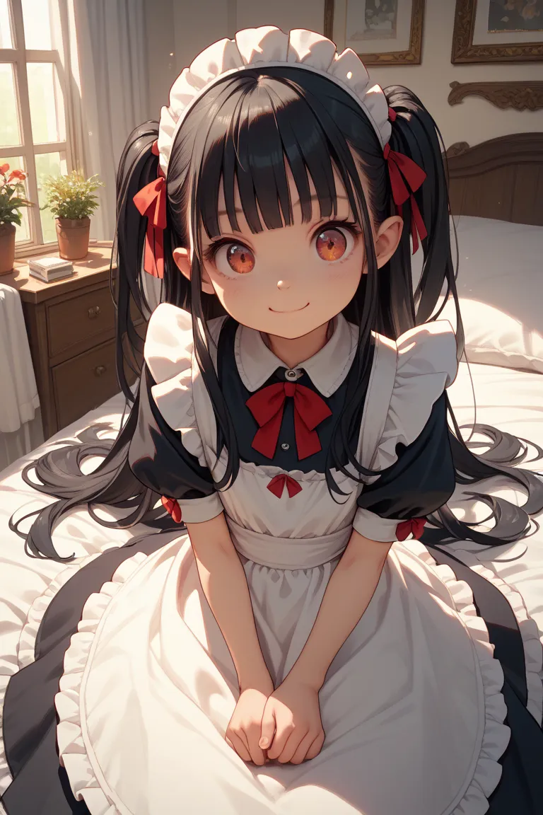  small tits,Maid, girls on the left, Beast Ears, has red cheeks, black hair,long hair,red eyes, Low, young, girl,smile,bedroom, Exposure,cute