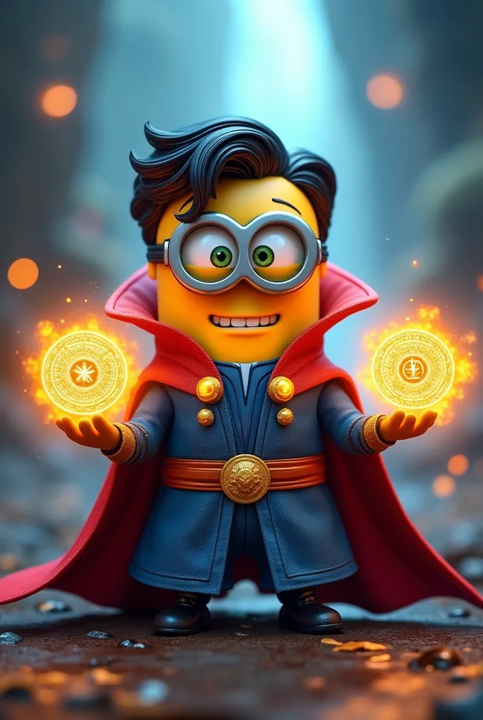 Minion Doctor Strange - The Supreme Sorcerer
"A Minion wearing a mystical blue outfit with golden details, a Gold Belt, and the iconic Levitation Cape floating gently behind him. He is casting spells with both hands, creating bright orange mystical circles...