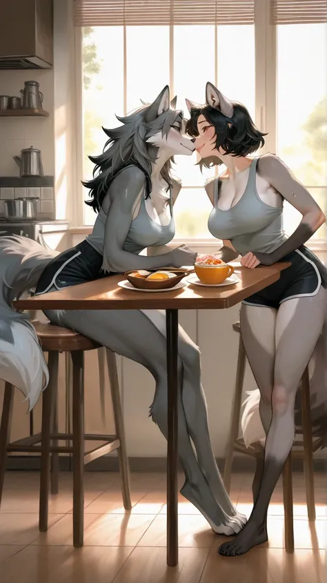 Kitchen, morning time, sun shining, window, female furry holding female furry wolf, female furry short hair, brown eyes, big breast, black hair, black hair, grey fur, grey fur body, long hair, furry female, long hair, brown eyes, furry snout, all spikey ha...