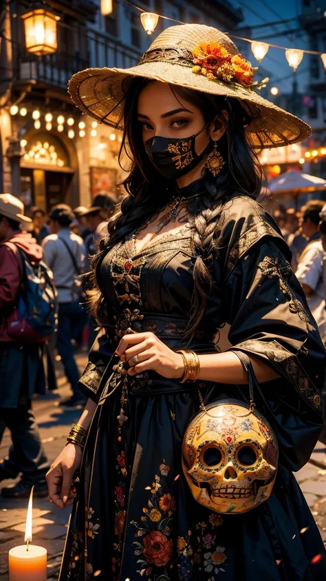 A vibrant Día de los Muertos parade in Mexico City, with participants dressed in elaborate traditional costumes and face paint, celebrating the Day of the Dead. The street is lined with colorful marigolds, candles, and festive decorations, with sugar skull...