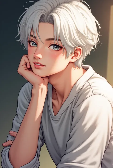 white hair, 17-year-old male, , pretty, Reminiscent of Apollo, handsome, handsome, king, king자, Crown Prince, painting, Clean , amazing, Chin,  comfortable  복장, , playful expression reminiscent of God, , which is reminiscent of Apollo, has a closed mouth b...