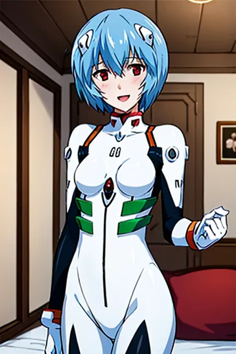 ((Highest quality)), ((masterpiece)), (be familiar with), perfect face, indoors, bedroom, watching viewers,
One woman, Rei Ayanami,
open mouth, ecstatic expression, blush, smile,
 small tits, flat chest, Young girl,  lori,  ,  girl,
Short Hair, short hair,...