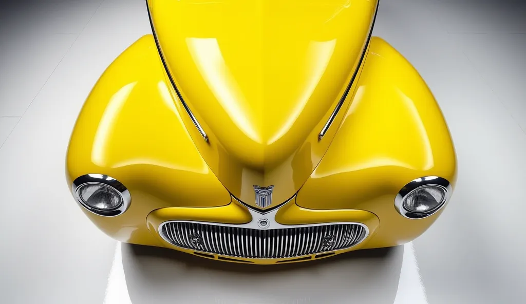 Above view of painted yellow with shiny color 1941 Willys Americar in sleek in large shape sedan in large size with Ford logo on its large detailed grille in shiny white color with angular sporty design captured from close Above view with modified sleek li...