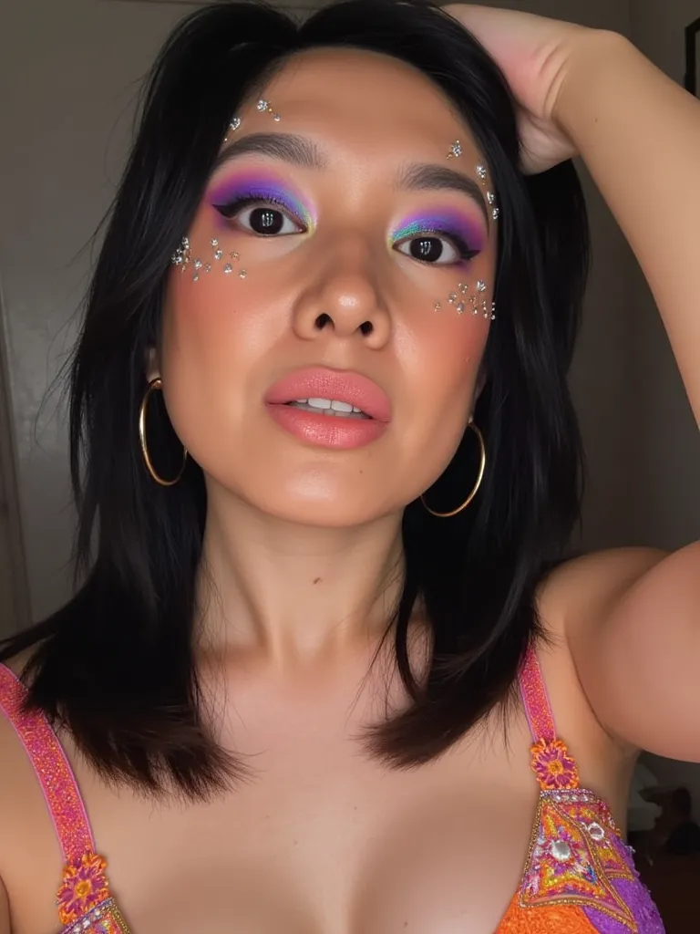 Woman  selfie. Allure. Her makeup is dramatic and colorful:  a highlighter glow, neon pink, electric blue, and vibrant yellow eyeshadow with thick winged eyeliner and exaggerated false lashes, glossy and shiny whtie and  orange lips with glitter, bright vi...