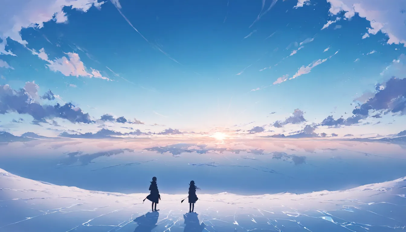 Illustrator, anime , sketch 、pastel color, Fantastic、、panoramic view、winter、snow、light blue、The Wide Sky、Ice ground、　Cloudless sky、 Silhouette of a single woman creating spectacular scenery 、 horizon 