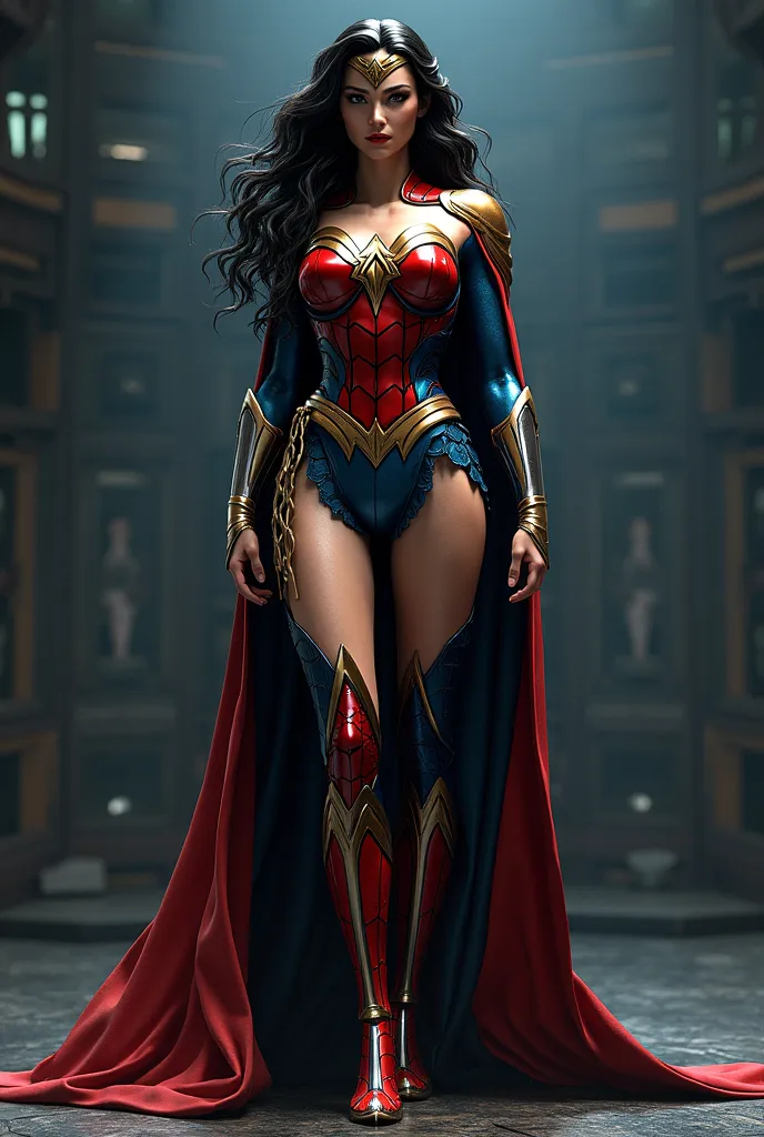 metamorphosis of Wonder Woman and Spiderman, concept art, 8k, 3D render, realism forum, game of judges and shadows, maximum quality details, comic style