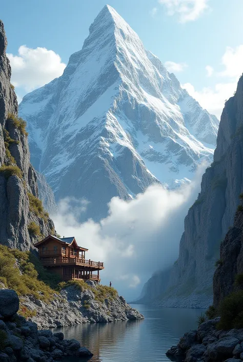 A high mountain, surrounded by gaskolan, big rocks on the side of the mountain, a cabana hotel on the side of the mountain.