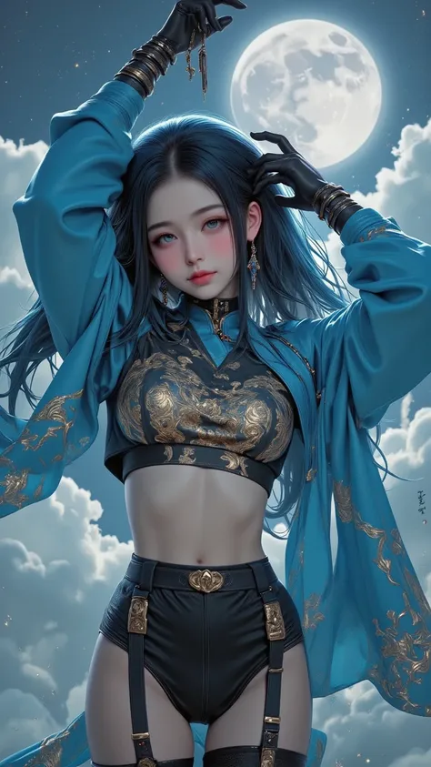 A digital painting rendered in 32K realistic photo style，above her decorated in gorgeous gold and cloud pattern，She is dressed in a tight-fitting flag robe，Shows an elegant character with long sky blue hair and gentle blue eyes。standing on the top of an en...