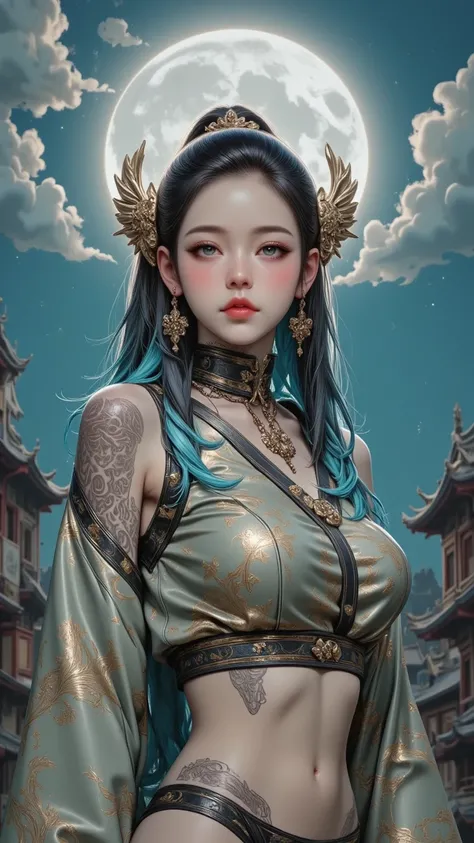 A digital painting rendered in 32K realistic photo style，above her decorated in gorgeous gold and cloud pattern，She is dressed in a tight-fitting flag robe，Shows an elegant character with long sky blue hair and gentle blue eyes。standing on the top of an en...