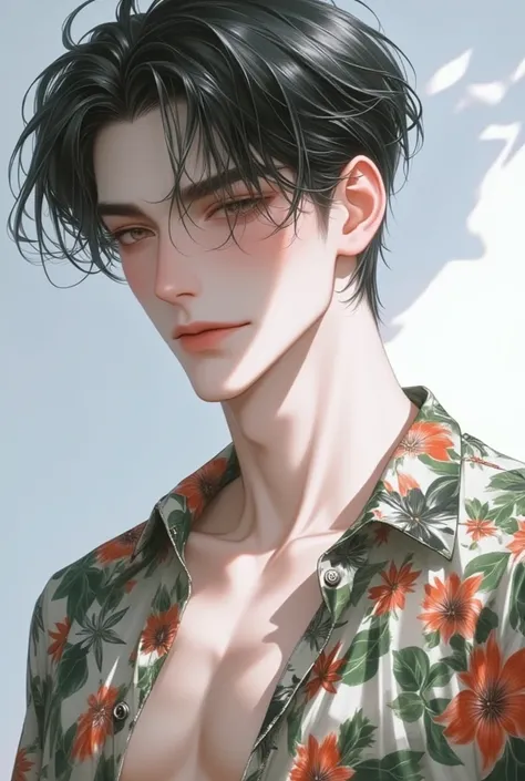 A handsome Asian boy with black hair, 20years old, handsome man, look at viewer, anime boy, bright atmosphere, smiling, light, a bright, masterpice, white pension visible background, summer, muscular, Open Hawaiian Shirt, Can See Upper Body