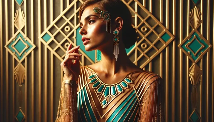  a photography shot, inspired by 1920s Art Deco posters, using a 50mm lens, female figure with geometric gold and turquoise elements, posed with elegance, slightly tilted head with a poised expression, rich golden hour lighting creating soft contrasts, hig...