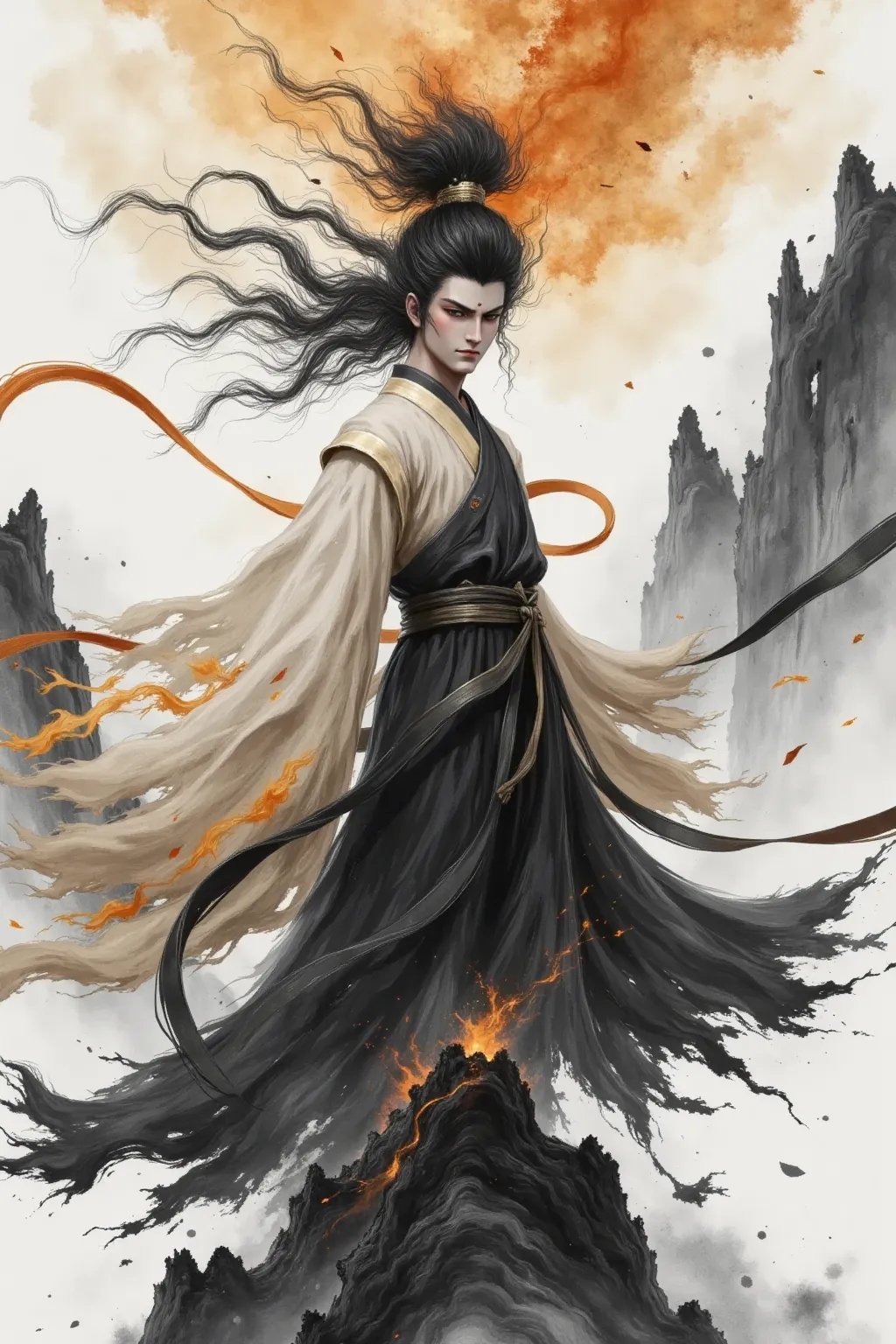 Handsome man with huge long hair,  Flowing hair and a broken robe,  Martial Arts，China，Ink，smoke。 red