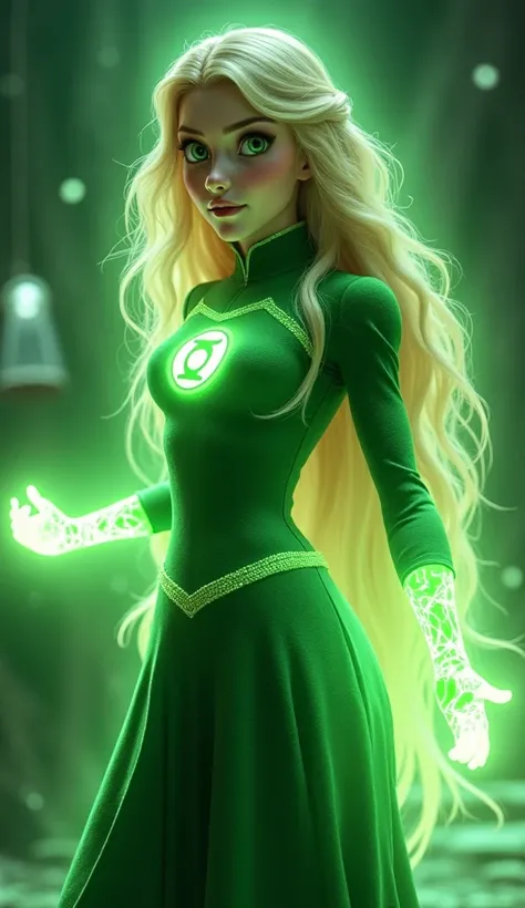 Rapunzel is transformed into a beautiful green lantern, Rapunzel's hair turns into strands of glowing green energy. With a beautiful body, her eyes and hands are glowing with power, as a giant lantern floats behind her with a green space behind her.A very ...