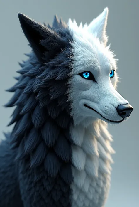 A wolf upper body in 3d style black from left side, white from right side with blue electric eyes