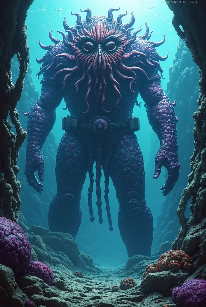 Butcher Leviathan (colossus + Shuma-Gorath)

 Description : Its steel armor has been corrupted by pulsating purple flesh, its muscles expand in a grotesque way, and its face is now a giant eye surrounded by whispering mouths. Tentacles spring from its meta...