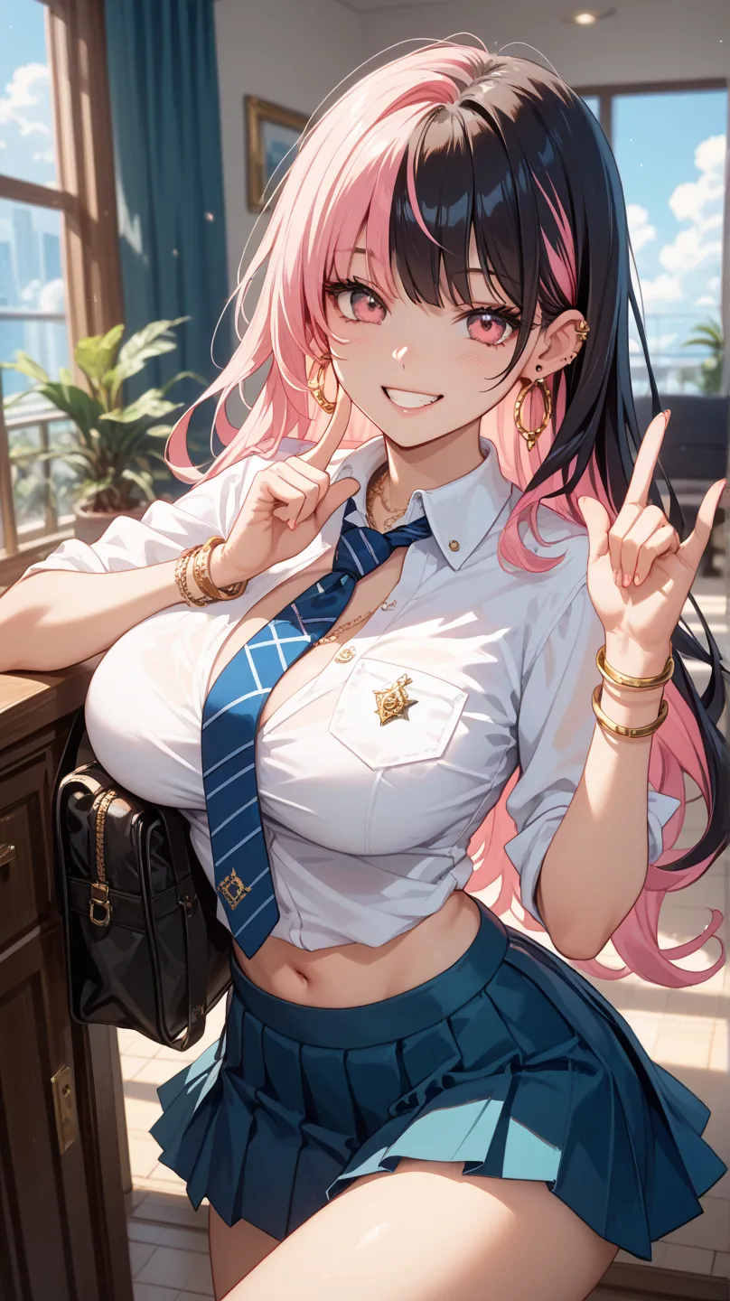  Gold, long hair, pink eye, earrings,  ear piercing,  multicolored hair,   masterpiece,Highest quality, Big Breasts,   collared shirt , shirt with tie, pleated skirt with index finger, Flashy修正, happy, Flashy,Accessory,  necklaces, earrings, bracelet, bell...