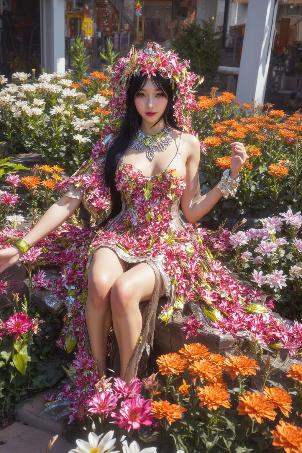 goddess of love and fertility (giga tits, huge tits natural sag) , extremely attractive, flower dress made of sheer silk very colorful, flower jewelry and decorations, demure, lewd, perfect flower garden