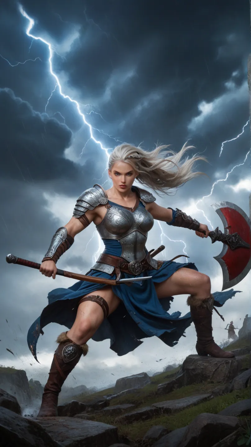 A fearless half-giant berserker with bright blue eyes and a powerful, but at the same time sensual charisma. her muscular, but female figure is surrounded by a skimpy, leather warrior outfit emphasizes. Her wild , silver braid blows in the storm, while she...