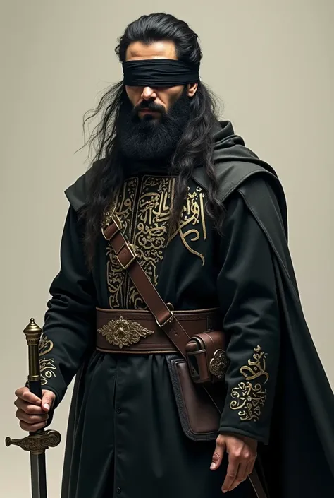 A man with long hair and a beard, his eyes are tied with a black blindfold, it says the Arabic word, he is wearing Muslim military clothes, and in his hand he has a  a sword. 