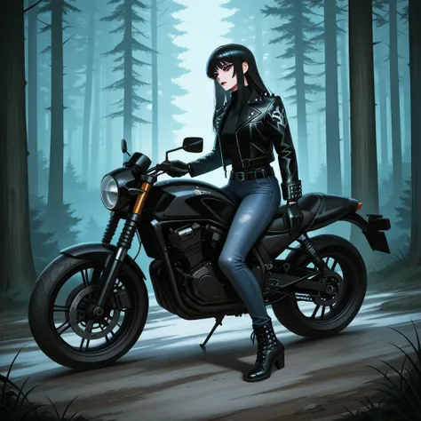 Digital art painting of an epic, villainous girl. Long black hair, detailed makeup. Wearing an armored black leather biker jacket with studs, black turtleneck, black studded armor jeans with a black belt, black heel boots, leather gloves, background forest