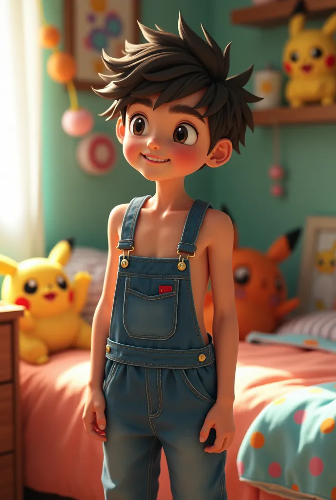 young boy can you believe I'm wearing overalls? shirtless bedroom Pokemon style