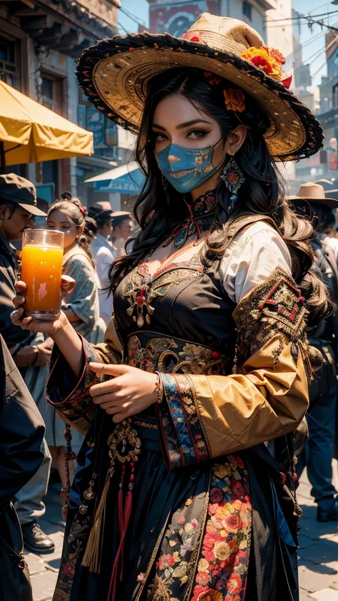 A vibrant Día de los Muertos parade in Mexico City, with participants dressed in elaborate traditional costumes and face paint, celebrating the Day of the Dead. The street is lined with colorful marigolds, candles, and festive decorations, with sugar skull...