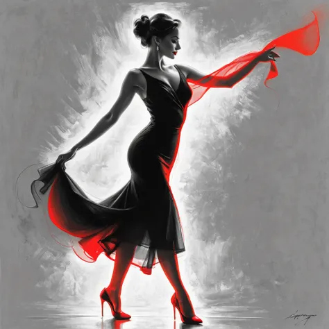 Charcoal drawing, black pencil, pencil drawing, line drawing, elegant beautiful woman in tango dress (her silhouette outlined in glowing red). (style by Vladimir Volegov: 1.1). (her silhouette is outlined in glowing red). red white on gray color palette. p...