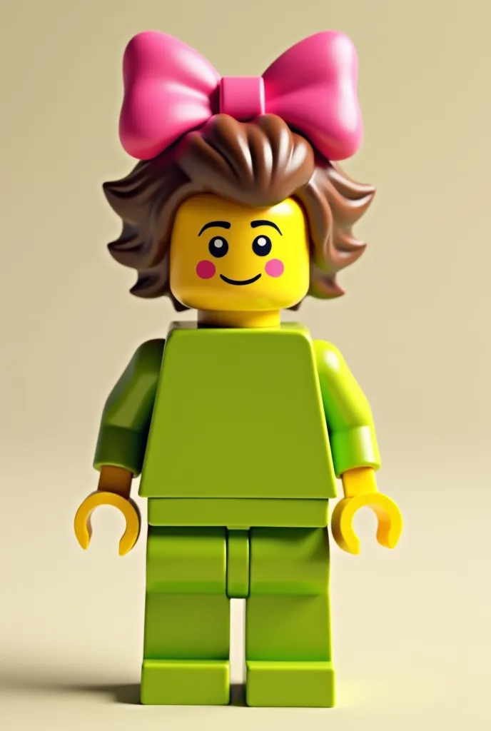 A yellow brown lego with lime coloured clothes and a pink bow on chad like hair