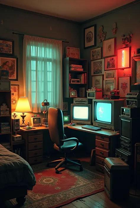 a gamer room from the 70s, with old video games, messy ager's room, old gaming equipment, night, old light, devices around the room, old 70s TV, joystick, gamer