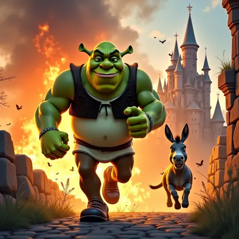 Shrek with donkey running away from Castle on fire