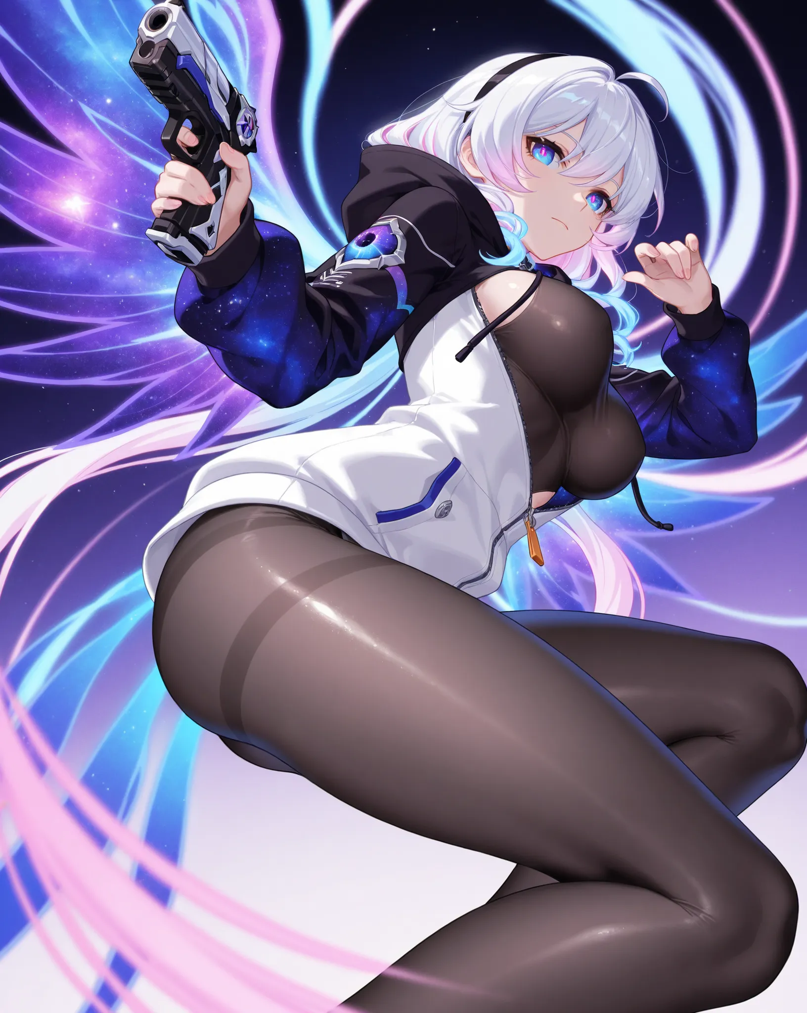 Honkai Impact 3 、Kiana、best image quality、  best thighs、beautiful breasts、Galaxy Eyes、Galaxy Wings、Neon Hair 、black tights、 hoodie、Pistol（ future）、shiny skin