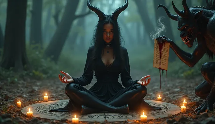 une femme noir de peau , assise sur un cercle entourée de bougies et d'un démon, Diablo 4 Lilith, femme occultiste, la sorcière conjure, lançant un sort, de Netflix arcane, effrayante rituelle satanique, chamane gothique, lancer de sorts, cercle d'invocati...