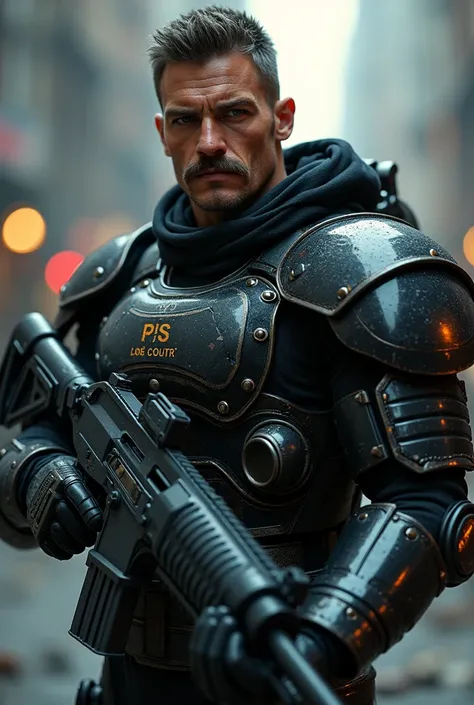 A soldier((Strong man with a mustache general style)) from a hyper-realistic cyberpunk universe with  ((advanced futuristic armor)), ((full body)), ((Look serious and threatening)),((Gun in hand)) intricate cinematic details. Atars of them place soldiers f...