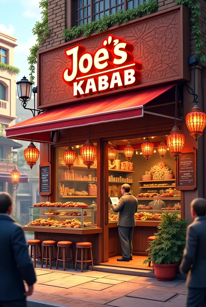 A restaurant called joe’s kabab w kofta and alot of meat around it