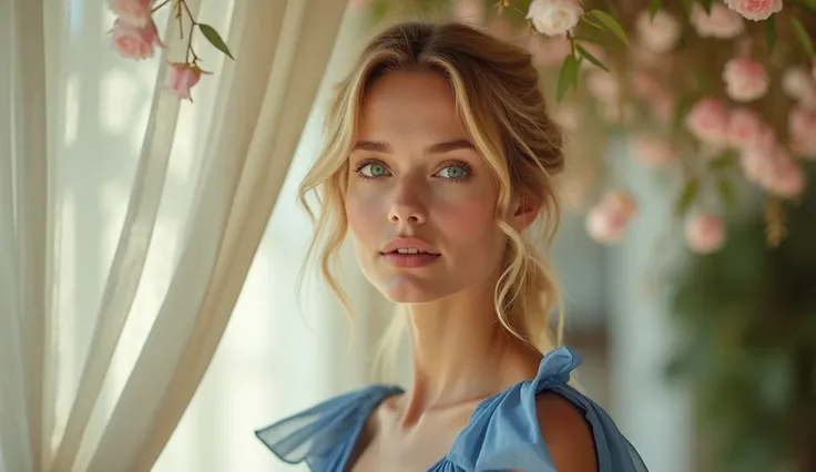 A 30-year-old Danish woman stands gracefully, captured in a close-up shot. Her wide eyes and slightly parted lips convey a sense of surprise. Her tousled hair frames her face naturally, complementing her elegant blue dress. Behind her, white canopies adorn...