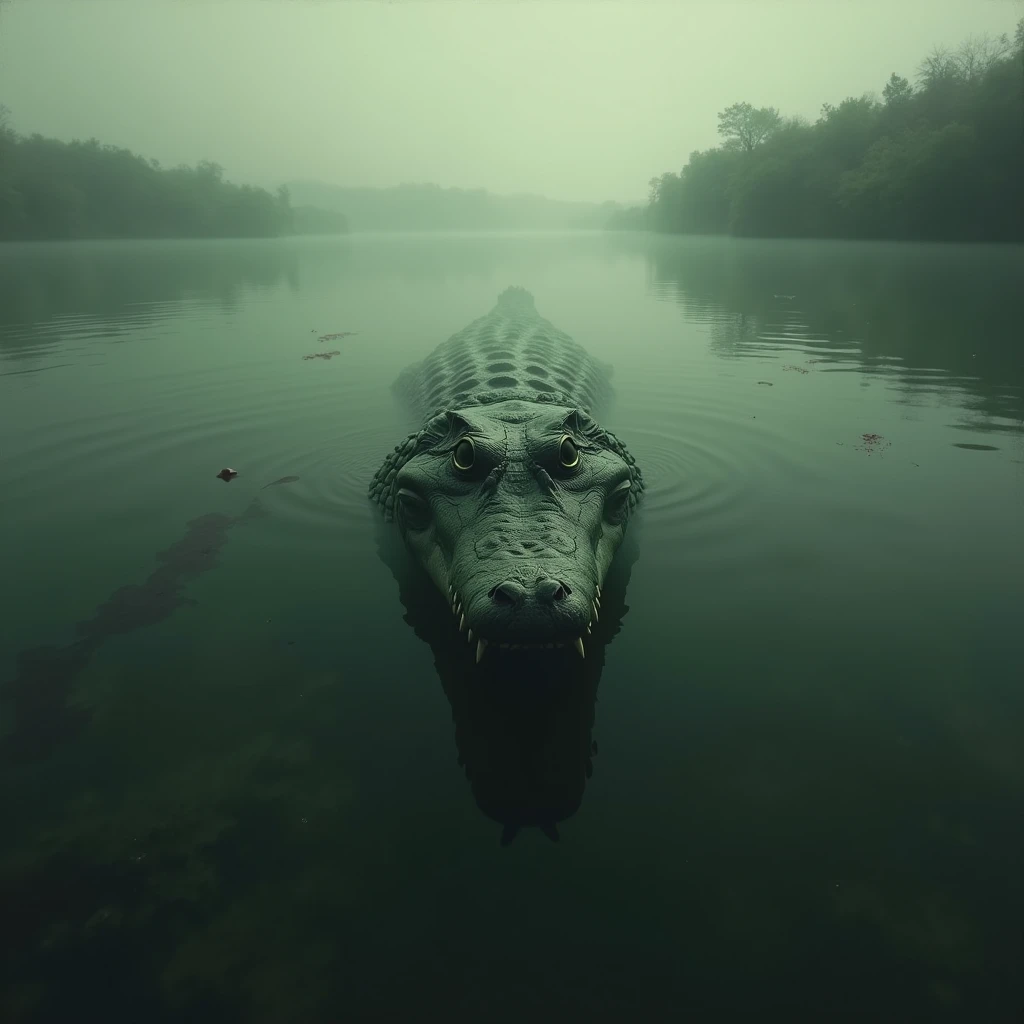 Album cover of a peaceful under the lake seen with a hidden crocodile in murky water, there is blood in the water