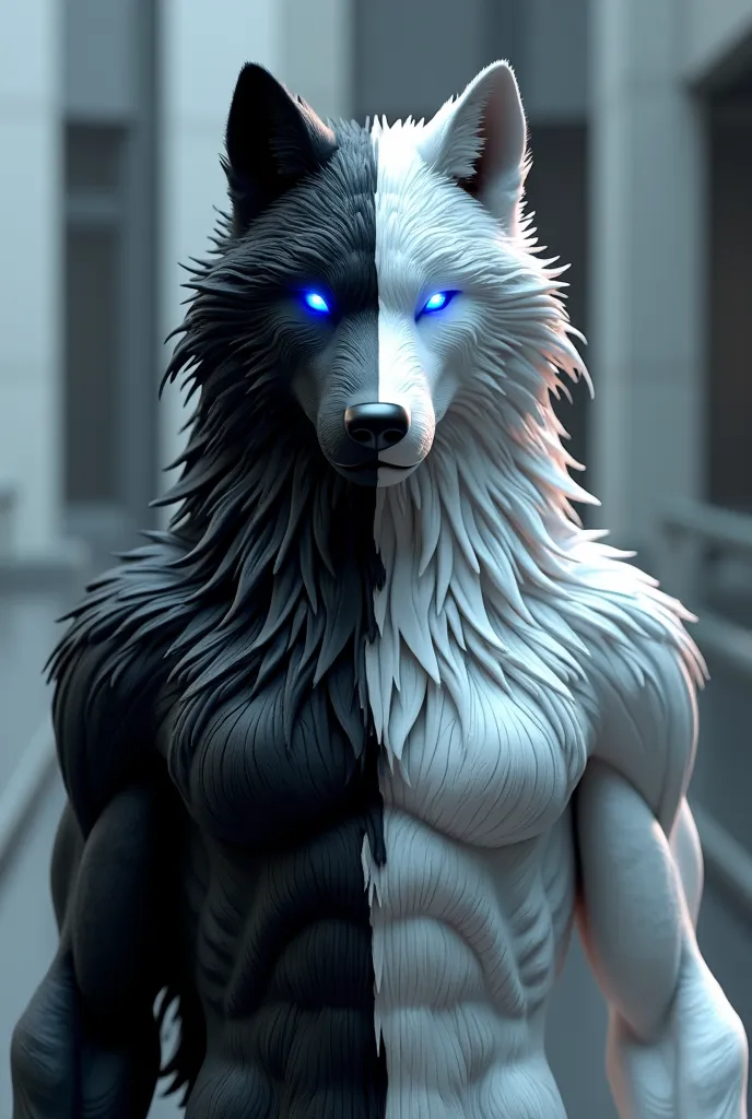 A wolf upper body in 3d style black from left side, white from right side with blue electric eyes, with Architectural visualization 