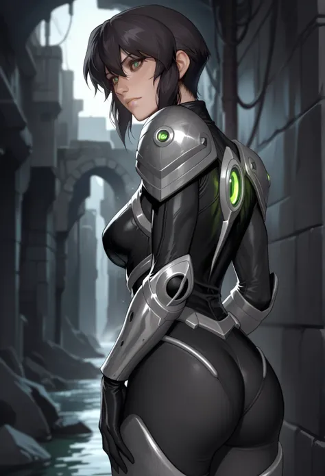 a strong and svelte human woman of about 23 years of age with black skin and with face resembling Motoko Kusanagi with a short assymetric hair cut with a small braid on a side and green eyes, wearing a light golden and blue chest thin plate armor with clot...