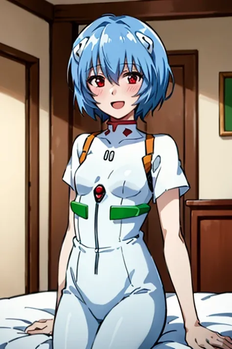 ((Highest quality)), ((masterpiece)), (be familiar with), perfect face, indoors, bedroom, watching viewers,
One woman, Rei Ayanami,
open mouth, ecstatic expression, blush, smile,
 small tits, flat chest, Young girl,  lori,  ,  girl,
Short Hair, short hair,...