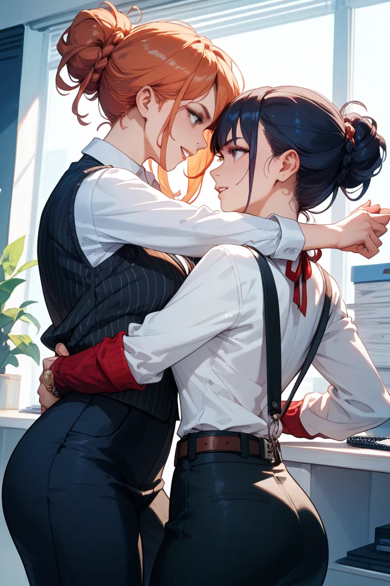 Two female office workers wearing long-sleeved white shirts and black vests、They hit each other head-on、Face each other, grab each other's belts wrapped around their hips, attract them, and adhere closely、Chest to chest fight 