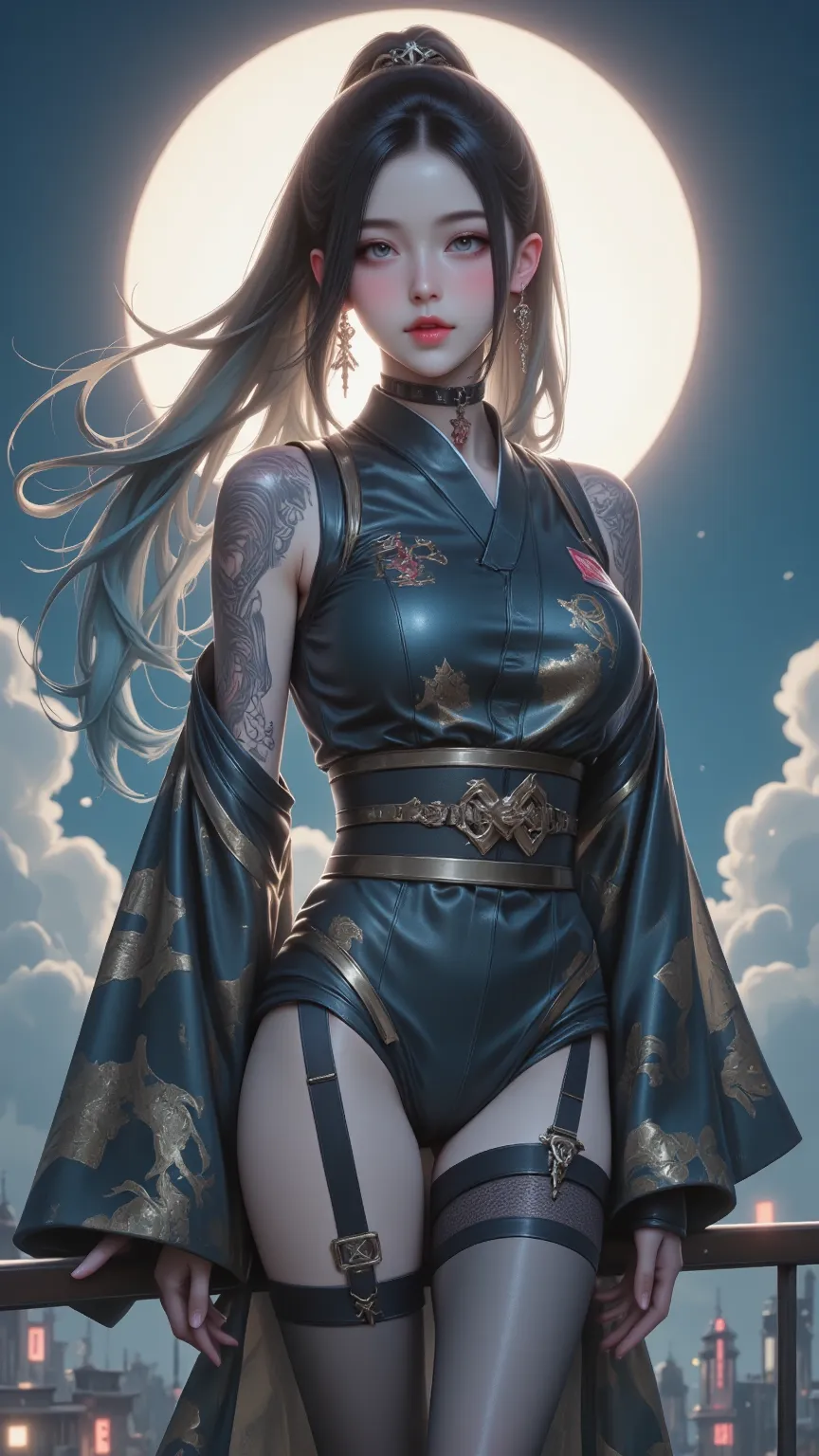 A digital painting rendered in 32K realistic photo style，above her decorated in gorgeous gold and cloud pattern，She is dressed in a tight-fitting flag robe，Shows an elegant character with long sky blue hair and gentle blue eyes。standing on the top of an en...