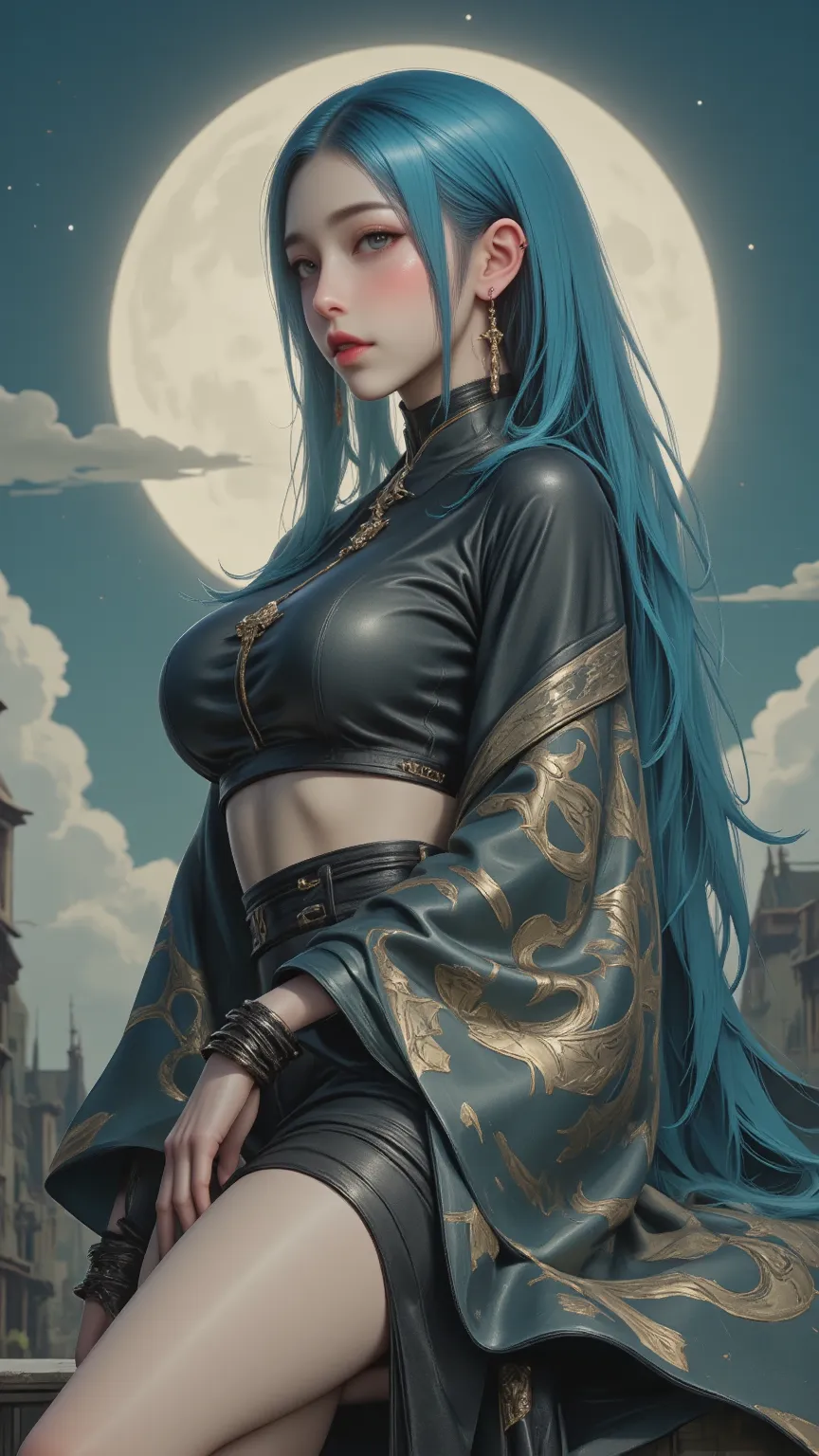 A digital painting rendered in 32K realistic photo style，above her decorated in gorgeous gold and cloud pattern，She is dressed in a tight-fitting flag robe，Shows an elegant character with long sky blue hair and gentle blue eyes。standing on the top of an en...