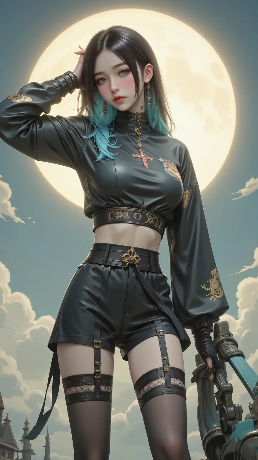 A digital painting rendered in 32K realistic photo style，above her decorated in gorgeous gold and cloud pattern，She is dressed in a tight-fitting flag robe，Shows an elegant character with long sky blue hair and gentle blue eyes。standing on the top of an en...